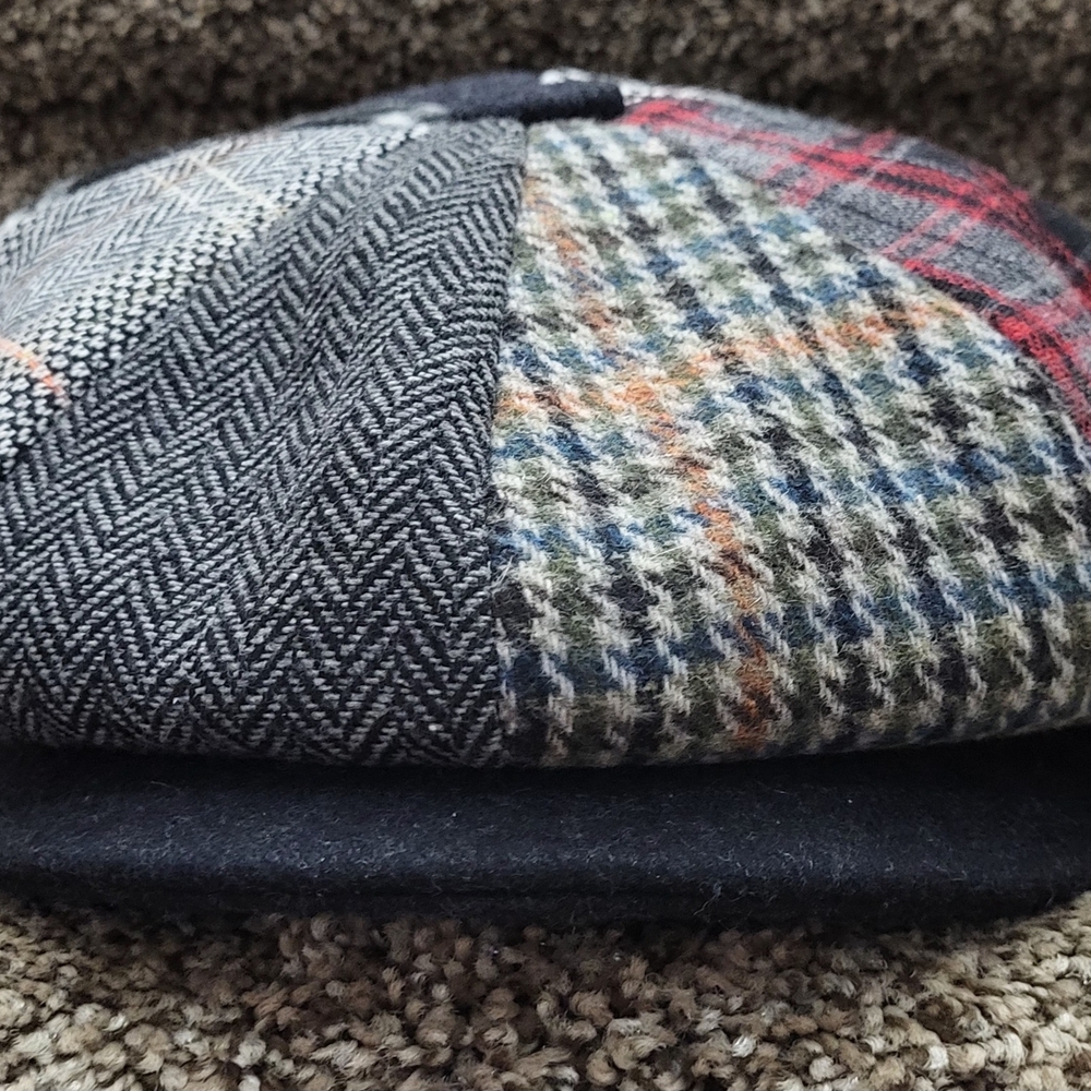 Black and Gray Patchwork Flat Cap with Herringbone and Plaid
